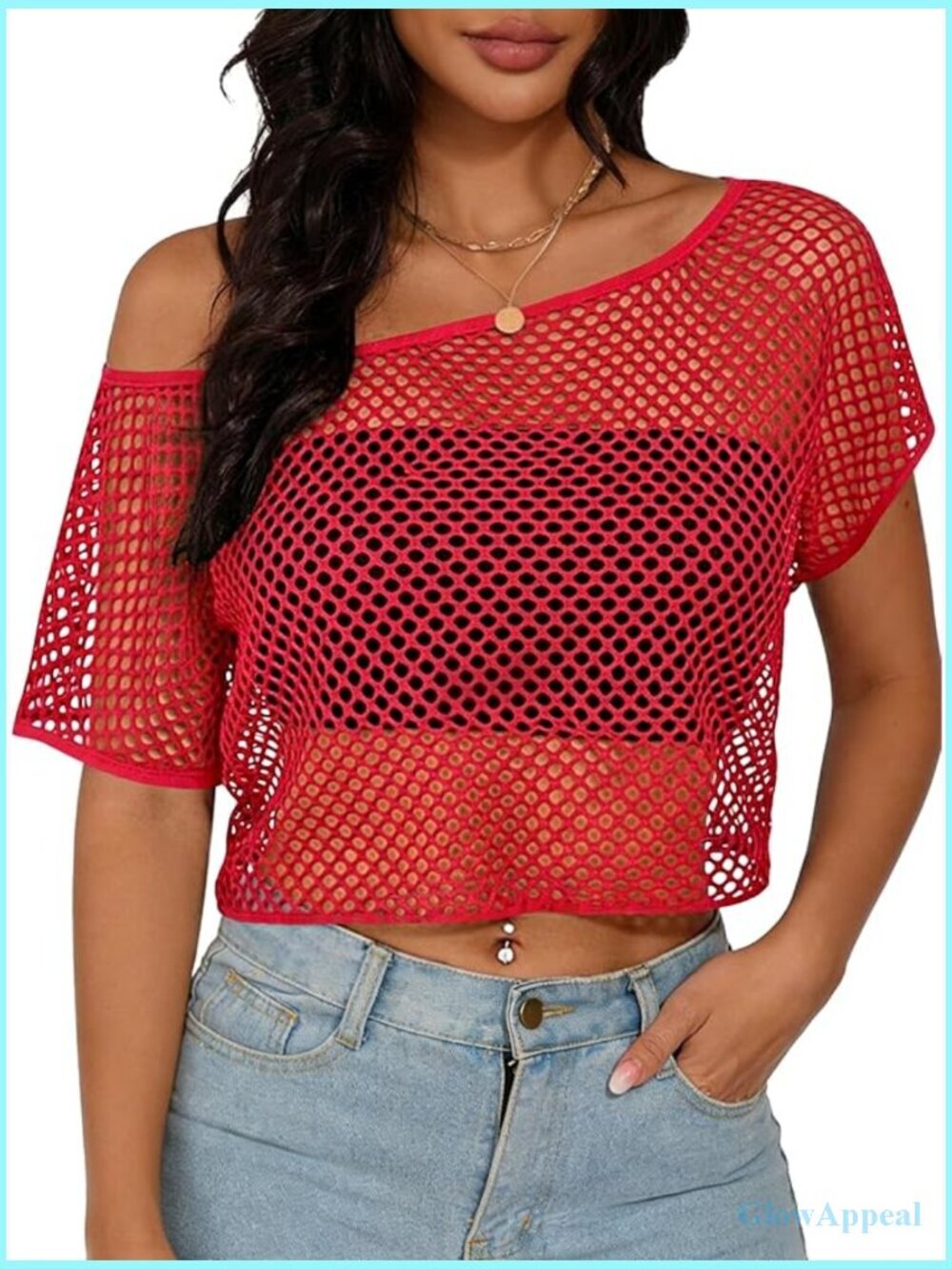 Women Mesh Fishnet Crop Top Off Shoulder Short Sleeve Sheer See Through